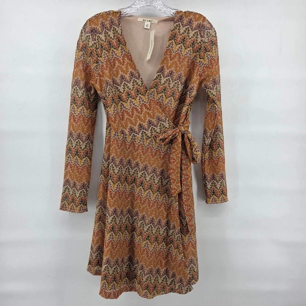 Francesca's Mi Ami Wrap Dress XS Mustard Zigzag Metallic Long Sleeve Boho Retro